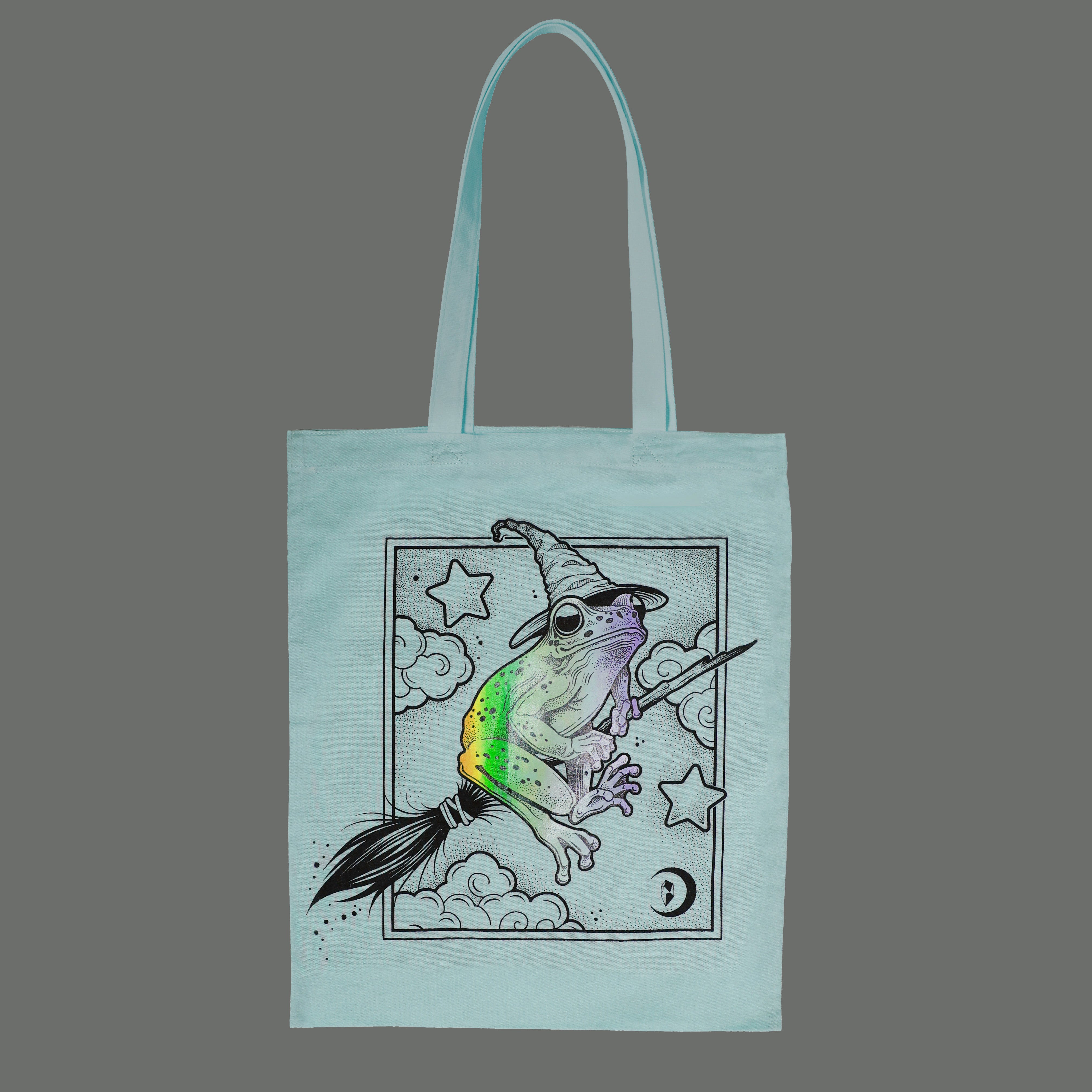 Light Tote Bag Witch Frog – Hexenfrosch Siebdruck Caribbean Blue | Grim Alchemy St. Gallen